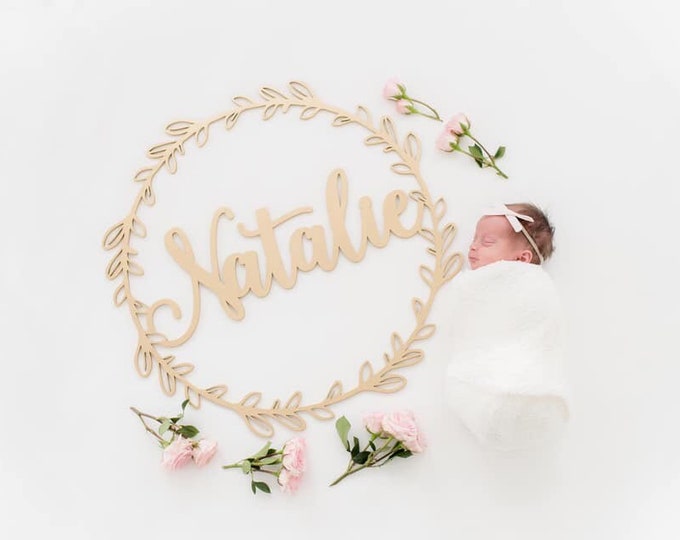 Custom Name Wreath 22 Large Laser Cut Sign Modern Calligraphy First and Middle Name Personalized Wooden Sign Rustic Nursery D\u00e9cor