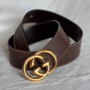 Gucci vintage belt buckle double logo gold tone and leather strap made in Italy