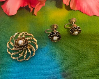 Flower and Pearl Brooch with Matching Screw Back Earrings