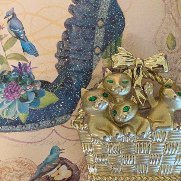 Vintage Cats Kittens in a Basket Brooch signed AJC