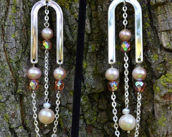Long Freshwater Pearl Earrings, Silver Metal and Pink Pearl Earrings, Bridal Jewelry