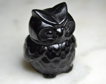 Obsidian Owl Carvings, Black Crystal Owl Carving, 35 x 30 x 27mm