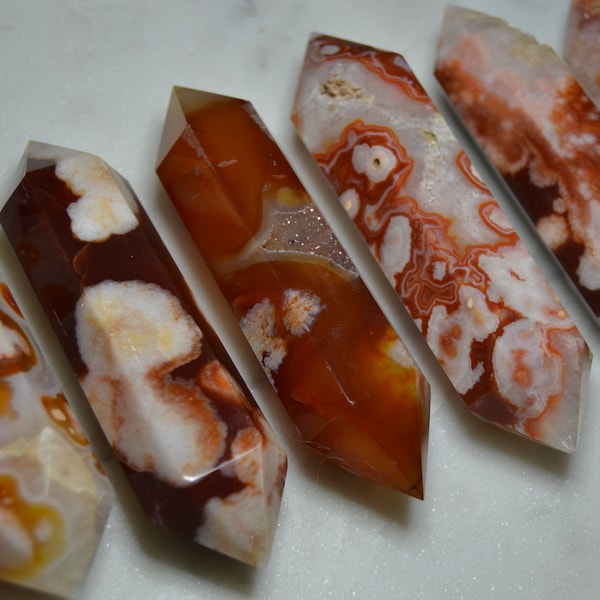 Carnelian Flower Agate DTs, Carnelian Flower Agate Double Terminated Points, Size Range: 73-103mm