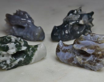 Small Moss Agate Dragon Skulls, Moss Agate Dragon Skull Carvings, Labradorite Dragon Skull Carving, 53 x 32 x 30mm