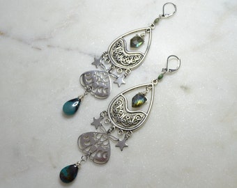 Gemstone Moth Earrings, Labradorite & Chrysocolla Celestial Earrings, Crystal Butterfly Earrings, 4.5" Total Length