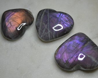 Purple Labradorite Hearts, Flashy Purple Labradorite Heart Carvings, Purple Lab Heart Palm Stone