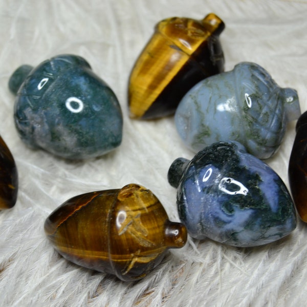 Crystal Gemstone Acorns, Moss Agate Acorns, Mookaite Acorns, Tigers Eye Acorns, Fall Crystal Home Decor, Fall Acorn Carvings, 24-26mm