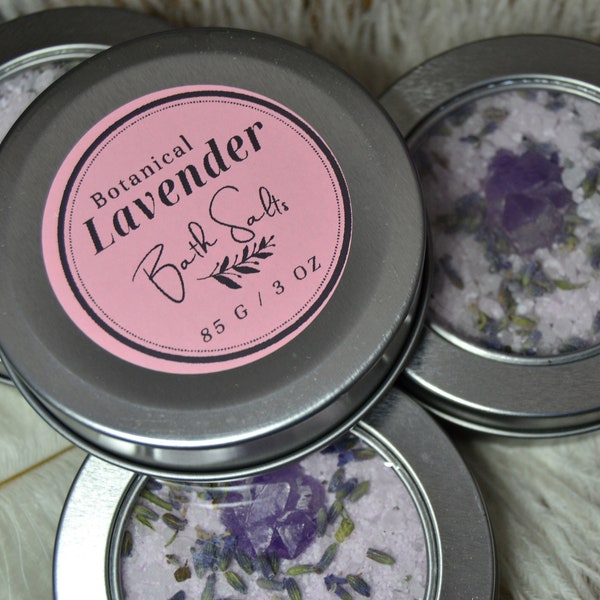 Small Lavender Foaming Bath Salts, Includes Elestial Amethyst Raw Crystal, Botanical Bath Salts, Dried Lavender Infused Bath Salts, 3 OZ Tin