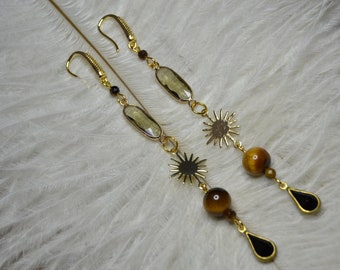 Dainty Gold Sun Earrings, Dainty Tigers Eye Earrings, Dangle Gold Sun Earrings, Length: 3.8 inches