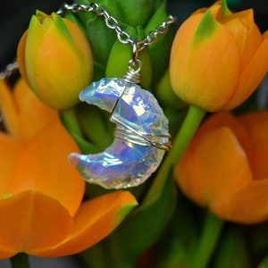 Angel Aura Opalite Moon Necklace, Wire Wrapped Moon Necklace, Aura Moon Silver Necklace, Wire Wrapped Moon Pendant, Stainless Steel Chain