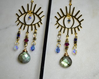 Labradorite Eye Earrings, Crystal Golden Eye Earrings, Golden Eye Crystal Earrings, Swarovski Crystals, 4.5", 20g