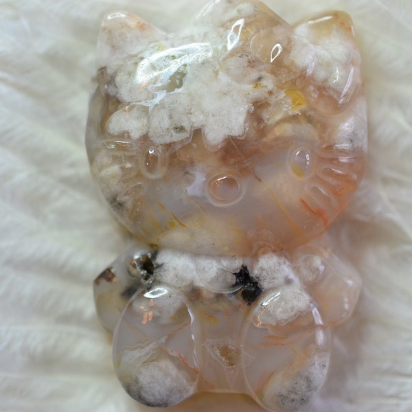 Large Hello Kitty Carving, Flower Agate Hello Kitty Carvings, Blossom Agate Cat Carving, Cat Crystal Home Decor, 50mm