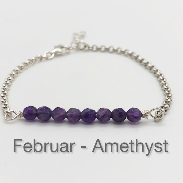 Armband, personalisiert, mit dem Februar - Geburtsstein, dem Amethyst in 925 Silber