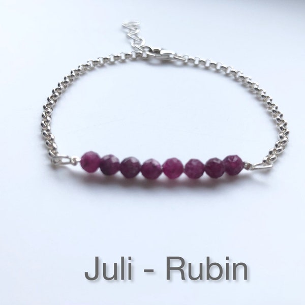 Armband, personalisiert, mit dem Juli - Geburtsstein, dem Rubin, in 925 Silber