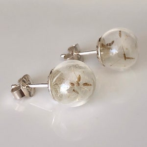 Stud earrings, real silver, filled with dandelions, natural jewelry, dandelion earrings, glass bead, jewelry handmade