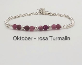 Armband, personalisiert, mit dem Oktober - Geburtsstein, dem rosa Turmalin, in 925 Silber