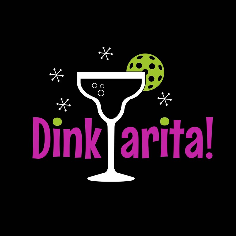 May include: A white margarita glass with a lime wedge and the text "Dinkarita!" in pink letters. The background is black with white snowflakes.