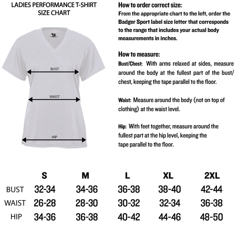 K&ouml;nnte beinhalten: Gr&ouml;&szlig;entabelle f&uuml;r ein Performance-T-Shirt f&uuml;r Damen mit Ma&szlig;en in Zoll f&uuml;r Brust, Taille und H&uuml;fte. Die Gr&ouml;&szlig;en umfassen S, M, L, XL und 2XL.