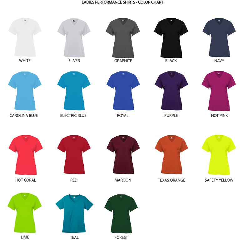 K&ouml;nnte beinhalten: Farbkarte mit 18 verschiedenen Farben von Performance-Shirts f&uuml;r Damen. Die Farben umfassen Wei&szlig;, Silber, Graphit, Schwarz, Marineblau, Carolina-Blau, Elektroblau, Royalblau, Lila, Pink, Koralle, Rot, Weinrot, Texas-Orange, Sicherheitsgelb, Limette, T&uuml;rkis und Waldgr&uuml;n.