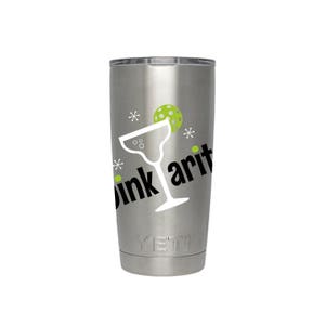 May include: A silver Yeti tumbler with a white margarita glass and a green pickleball graphic. The text "Drink Arit" is printed on the tumbler.