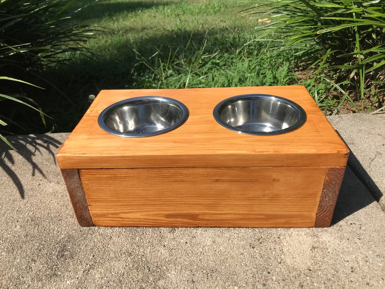 Small Two-Bowl Wooden Pet Feeding Station