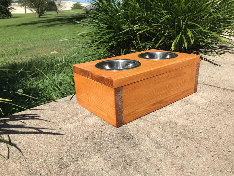 Small Two-Bowl Wooden Pet Feeding Station