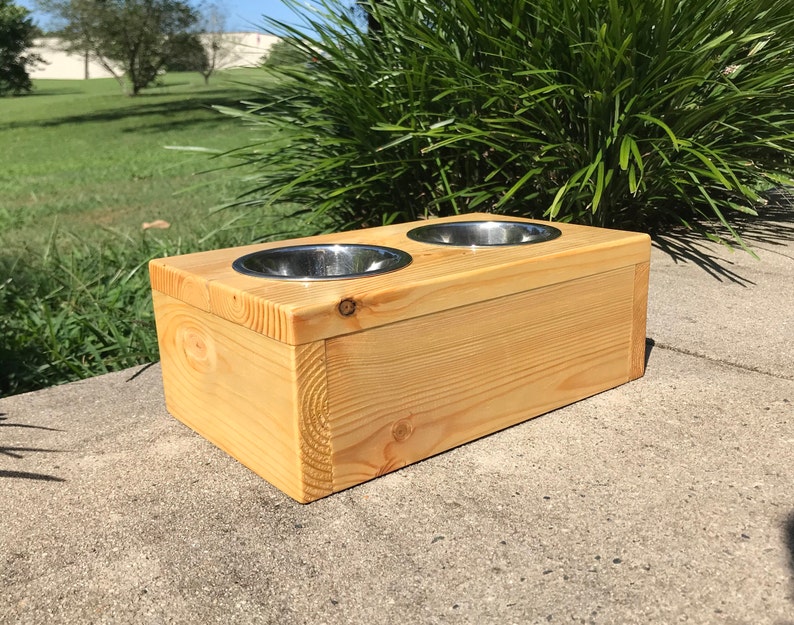 Small Two-Bowl Wooden Pet Feeding Station