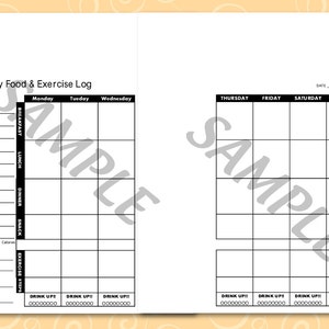 May include: A black and white printable weekly food and exercise log. The log includes sections for breakfast, lunch, dinner, snack, exercise steps, and water intake. The log is divided into seven days of the week: Monday, Tuesday, Wednesday, Thursday, Friday, Saturday, and Sunday.