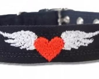 Flying Hearts Dog Collar - Red Heart Dog Collar - Rock Band Dog Collar - Pet Accessory -  Rhinestone Dog Collar - Black Collar - Handmade