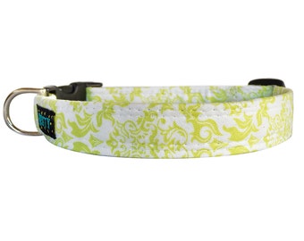 Green and White Fabric Dog Collar - Girl Dog Pet Collar - Fabric Print Dog Collar - Girl Pet Collar -  Handmade Dog Collar - Adjustable Size