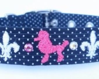 Embroidered Custom Poodles and Fleur De Lis Dog Collar