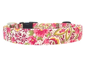 Pink Flowers Fabric Dog Collar, Puppy Collar, Handmade Dog Collar, Custom Dog Collar, Dog Accessory, Cute Dog Collar, Designer Dog Collar