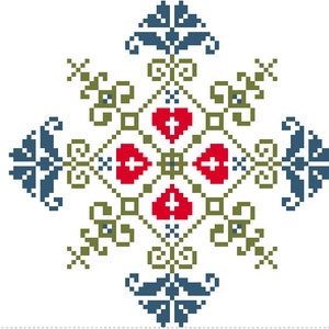 May include: A white background with a symmetrical design in red, green, and blue. The design features stylised flowers and hearts.