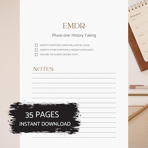 Puede incluir: Un libro de trabajo de EMDR imprimible con un diseño en blanco y negro. El libro de trabajo tiene un título que dice "EMDR Fase uno: Toma de Historia". El libro de trabajo tiene una sección para notas y una lista de verificación de los pasos a seguir. El texto en la parte inferior de la página dice "35 PÁGINAS DESCARGA INSTANTÁNEA".