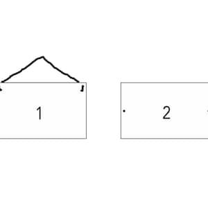 May include: Two white signs with black borders. The sign on the left has a black string hanging from it and the number "1" written on it. The sign on the right has the number "2" written on it.
