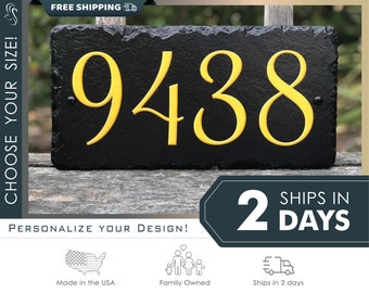 Customizable Slate Home Address House Number Sign - Gold or Silver Embossed on Black - Handmade and Personalized