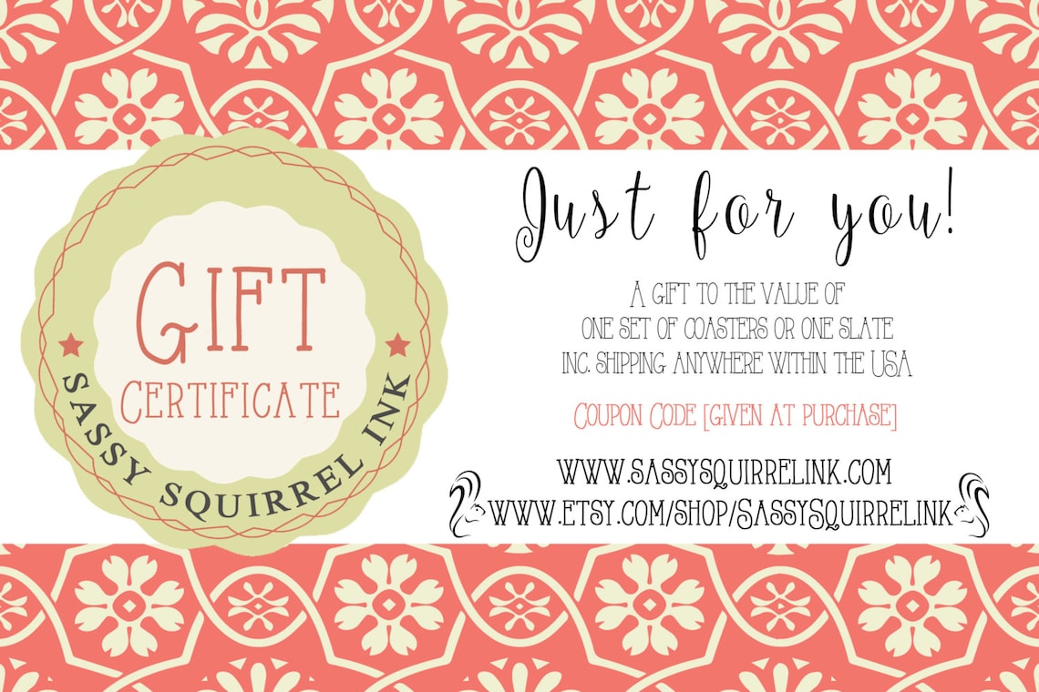 Squirrel Discount Code Gift Voucher, Coupon Code, Sassy Squirrel Ink, Gift Certificate, Gift ...