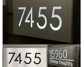 brushed silver aluminum, Illuminated House Sign. Integrated Lighting, Dusk Till Dawn Sensor. LED House Numbers, Lit Modern Street Address