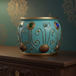 Puede incluir: Una maceta decorativa de cerámica turquesa con detalles dorados. La maceta tiene un borde, una base y remolinos dorados decorativos con joyas incrustadas. Está sobre una cómoda de madera marrón oscuro.
