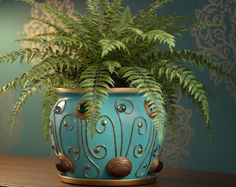 Large Hand Painted Turquoise Gold Ceramic Plant Pot, Big Planter with Drainage Hole & Tray, Accent Flower Pot, Luxury Boho Home Decor