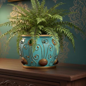 Grande vaso in ceramica color turchese e oro dipinto a mano: grande fioriera con foro di drenaggio e vassoio; lussuoso arredamento boho per la casa