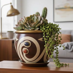 Duża ceramiczna donica do wnętrz; 12-calowa ręcznie malowana doniczka; Starożytna ukraińska ozdoba; Wystrój w stylu plemiennym boho; Duża donica z drenażem