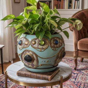 May include: A light blue ceramic planter with a rounded shape, featuring decorative raised gold-toned borders, inlaid brown checkered patterns, and embedded circular glass cabochons in blue, green, and black, containing a lush green pothos plant.
