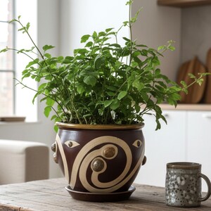 May include: A brown ceramic plant pot with a cream-colored swirl design and eye-like shapes, filled with green leafy plants. The pot sits on a wooden table next to a speckled mug. The table has a rustic, weathered appearance.