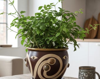 Large Ceramic Planter Indoor; 12" Hand Painted Flower Pot; Ancient Ukrainian Ornament; Tribal Boho Ethnic Decor; Big Plant Pot with Drainage