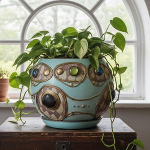 Large Hand Painted Ceramic Plant Pot Indoor; Turquoise Gold Harlequin Decor; Big Whimsical Pottery; Planter with Drainage; Art Lover Gift