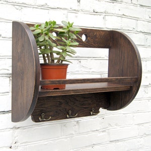 Wooden wall-mounted shelf with 3 hooks, Hardwood spice rack, Country kitchen open storage, Solid oak wall bathroom organize Wooden bookshelf