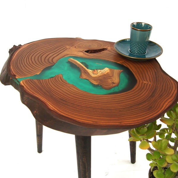 Small live edge wild olive coffee table Green epoxy resin side table Wood slab accent end table Tree stump personalized table Wooden desk