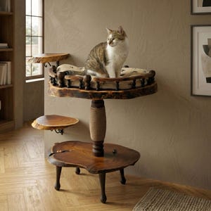 May include: A multi-level cat tree featuring natural live-edge wood platforms, a central sisal-wrapped scratching post, and a cushioned top perch with a decorative spindle railing. A tabby cat sits on the top platform of this wooden furniture piece.