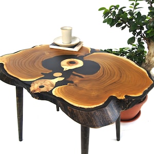 Personalized wild olive coffee table Live edge wood slab side end table Epoxy resin computer desk Wooden nightstand Tree stump accent table
